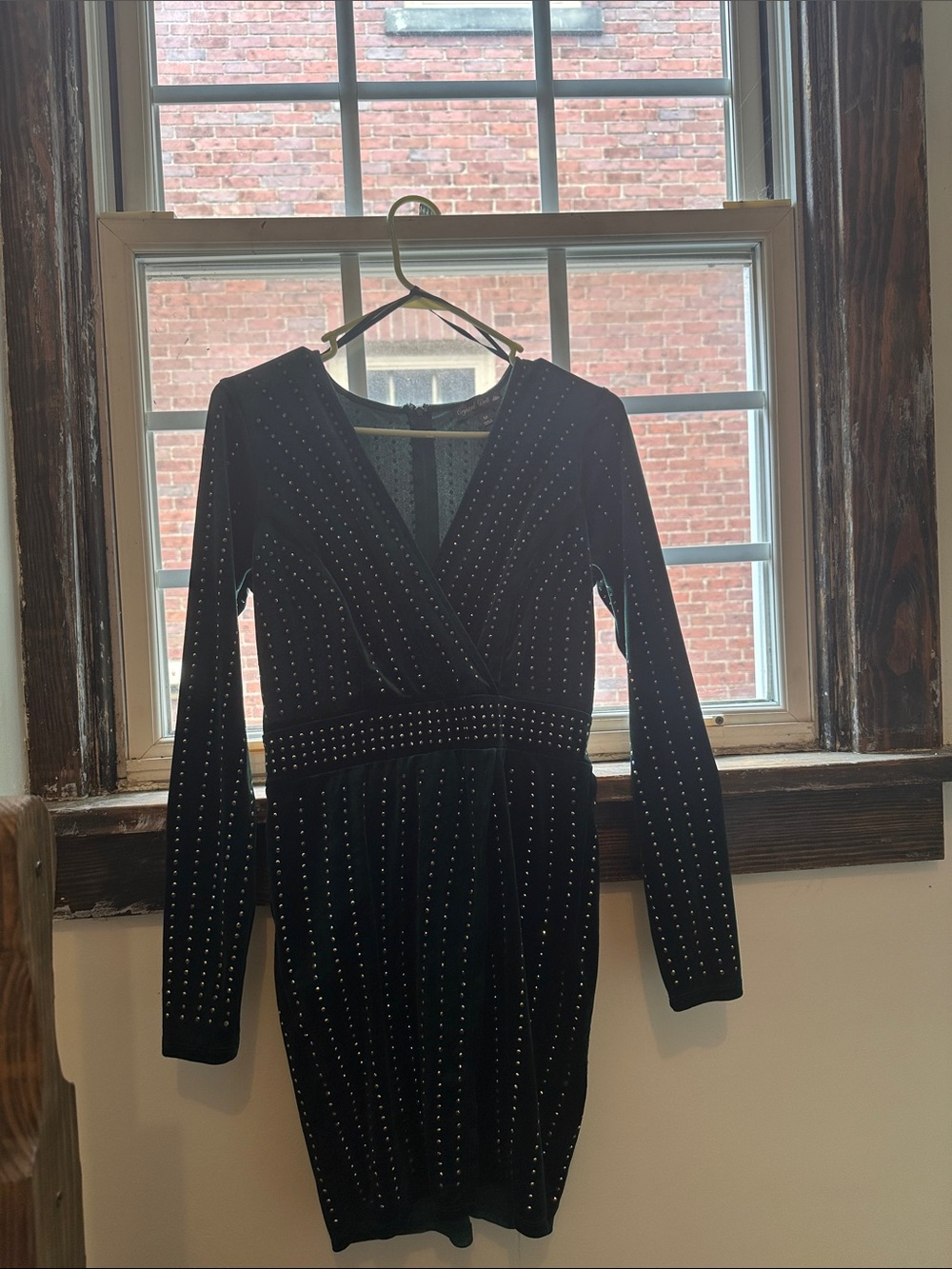 Crystal Doll Black Long-Sleeve Studded V-Neck Dress